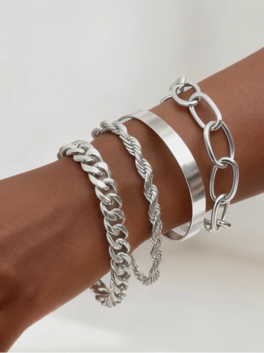 Sterling Silver Layered Bracelet Set - Classic Silver Tone
